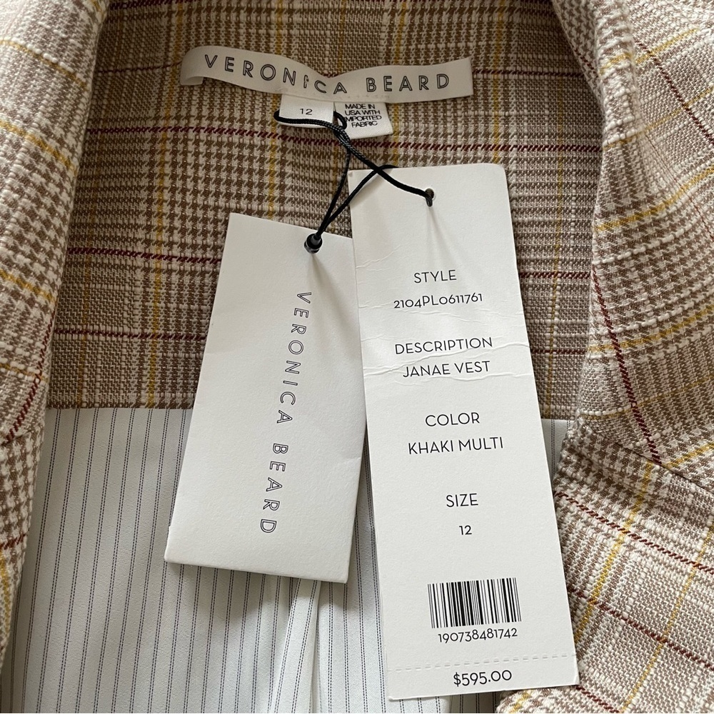 Veronica Beard Double Breasted Janae Khaki Plaid Flutter-Sleeve Vest NWT Size 12 - Picture 10 of 12
